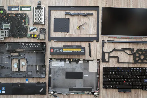 Lenovo ThinkPad laptop taken apart, with the screen, keyboard, battery and motherboard laid out