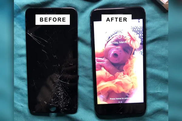 Before and after a screen replacement: an iPhone with a cracked screen next to one with a new working screen