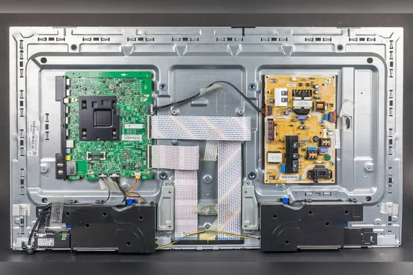 Back of a flat-screen TV with the case removed, showing the main board and power supply board